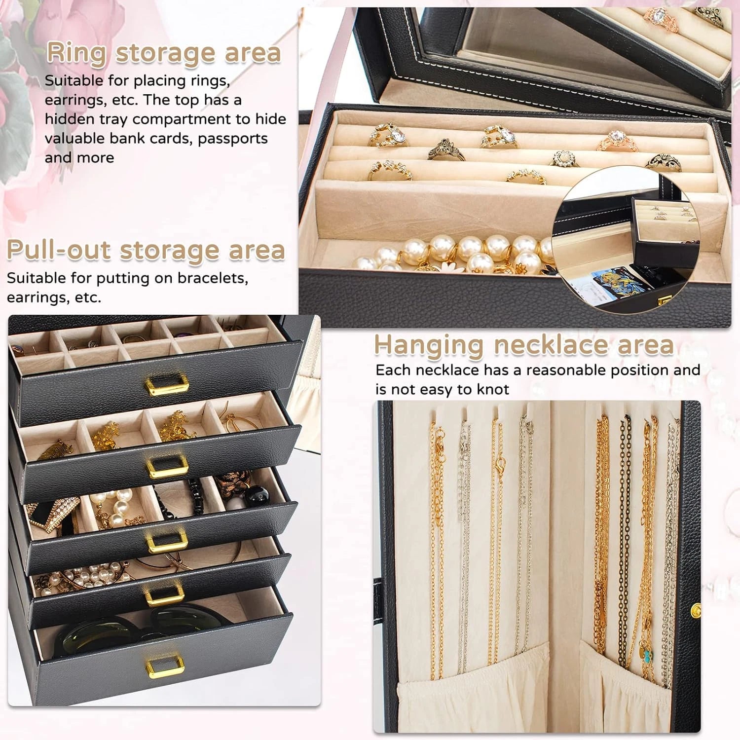 Large Jewelry Box Organizer Functional Lockable with Big Mirror, Leather Jewelry | eBay
