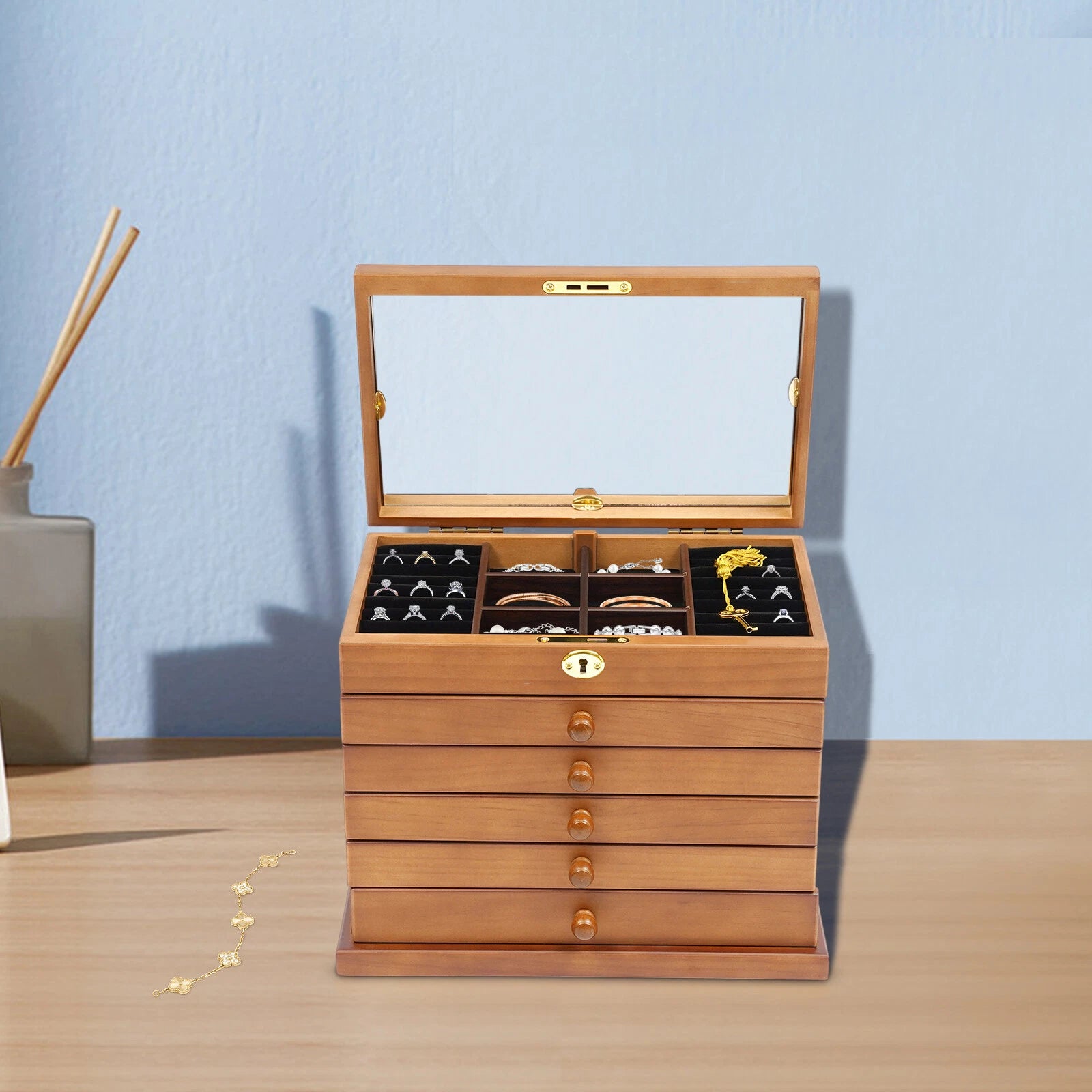 6-Layer Jewelry Box Wood for Wowen Large Organizer Box with Mirror & 5 Drawers | eBay