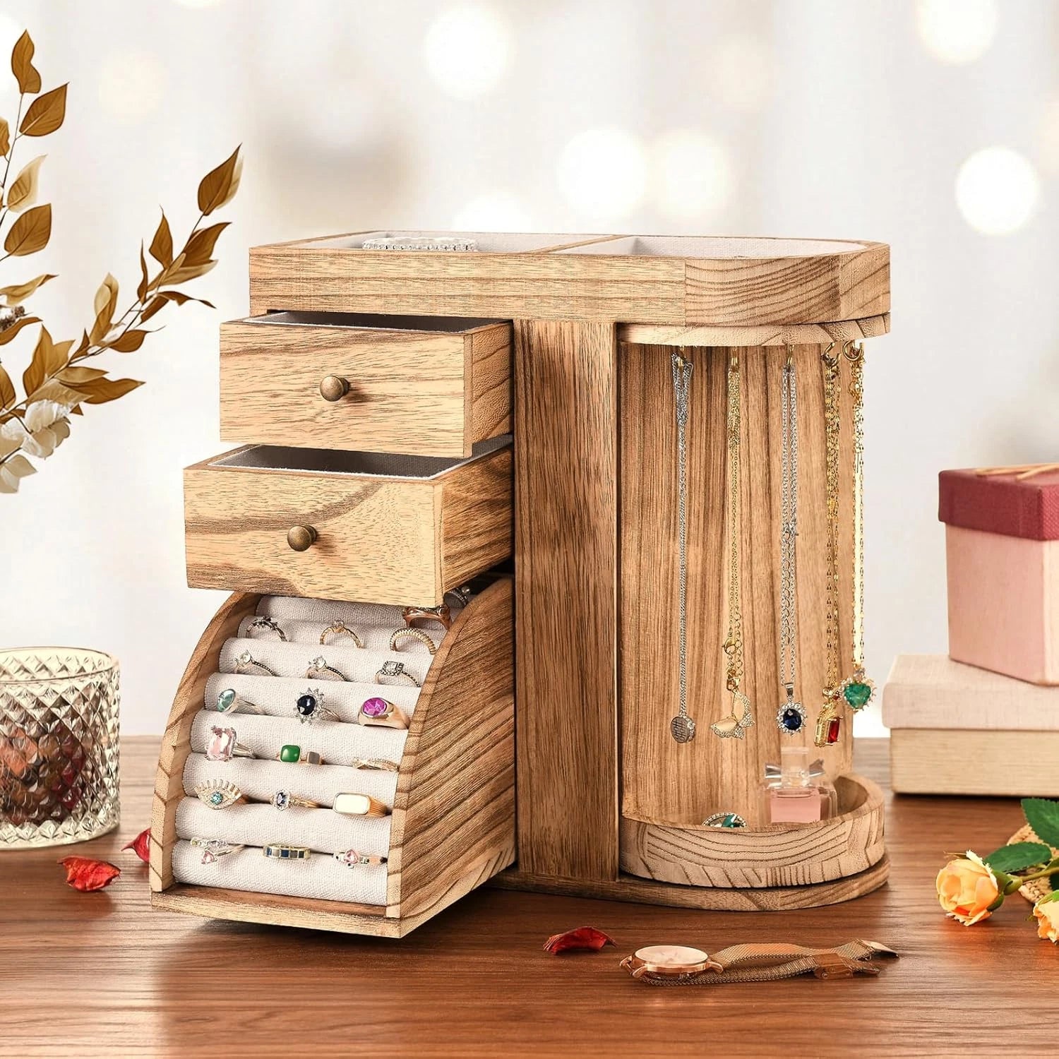 Wood Jewelry Box, Solid Wooden Rotating Jewelry Box Organizer for Women with 3 D | eBay