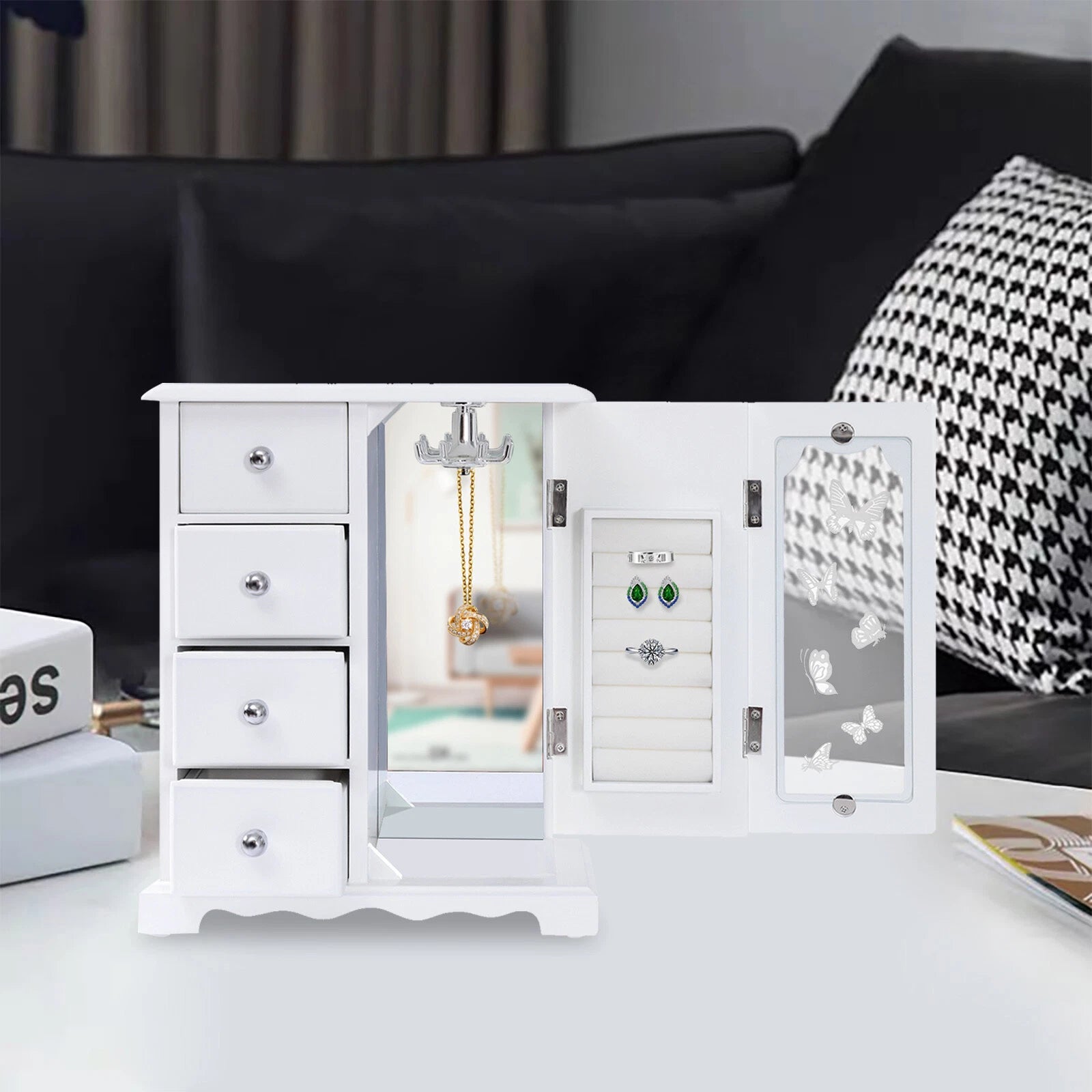 Elegant White Jewelry Box Organizer with 4 Drawers and Butterfly Design | eBay