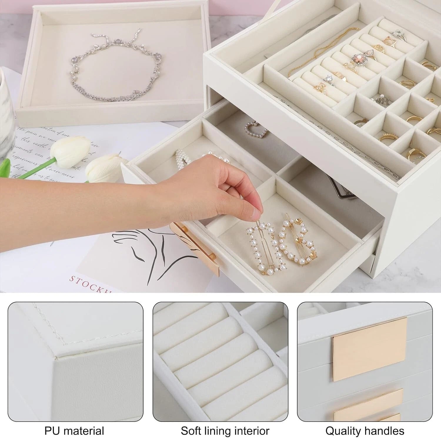 Jewelry Organizer Box, 4 Layers Modern Jewelry Organizer with Glass Lid & Drawer | eBay