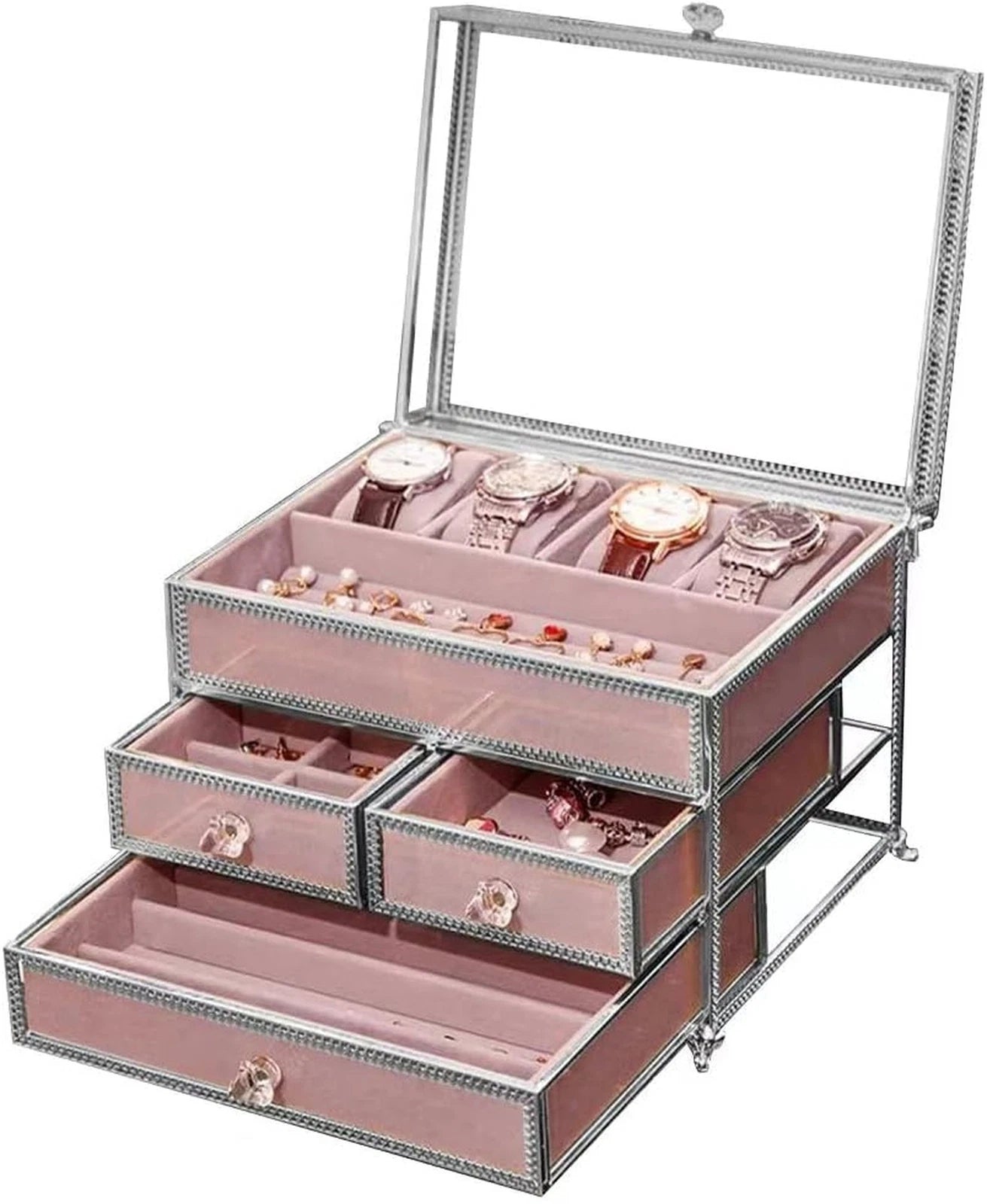 Hersoo Jewelry Box Mirrored Watch Organizer Necklace Ring Earring Storage/Gla... | eBay