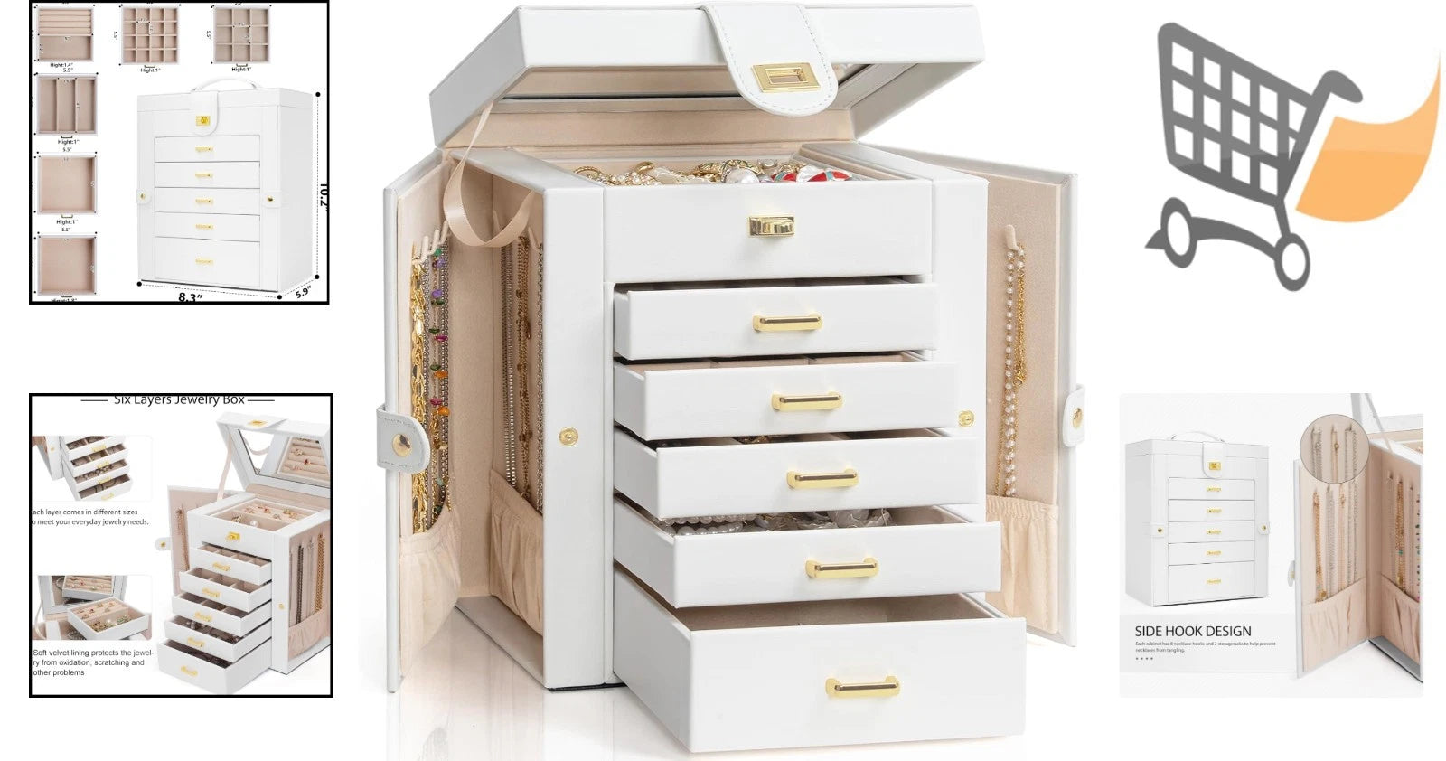 Jewelry Box Organizer White Leather 6-Tier with Mirror, Drawers, Compartments | eBay