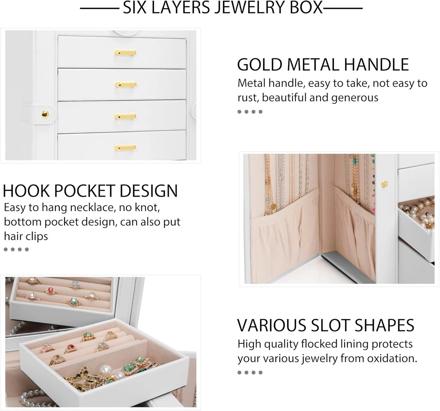 Jewelry Box Organizer White Leather 6-Tier with Mirror, Drawers, Compartments | eBay