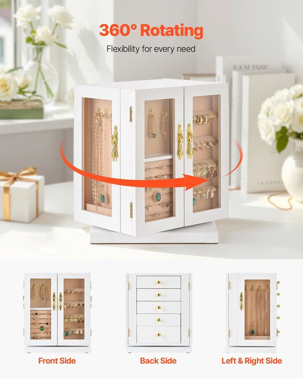 White 5-Drawer Jewelry Box - 360° Rotating Spacious Jewelry Organizer | eBay
