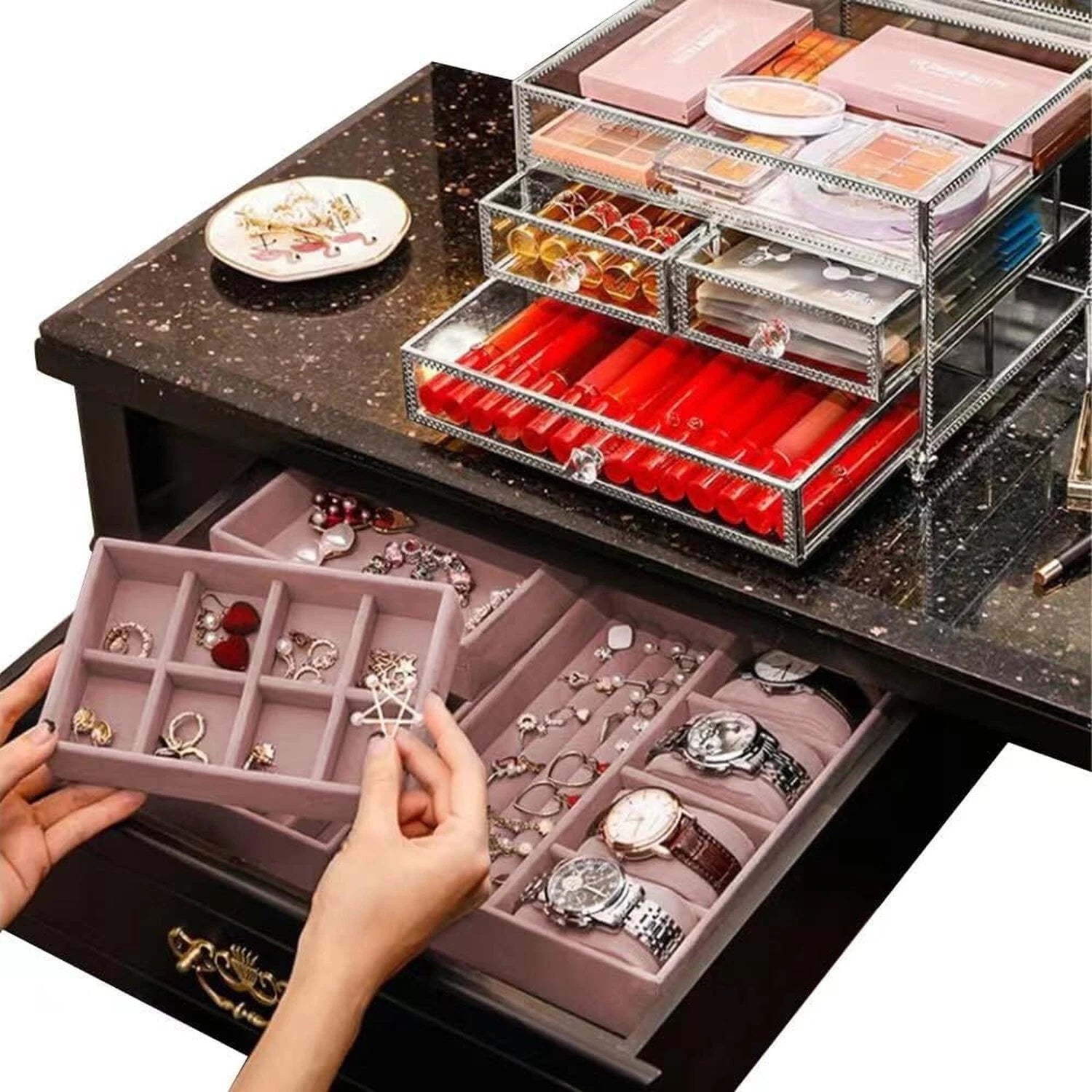 Hersoo Jewelry Box Mirrored Watch Organizer Necklace Ring Earring Storage/Gla... | eBay