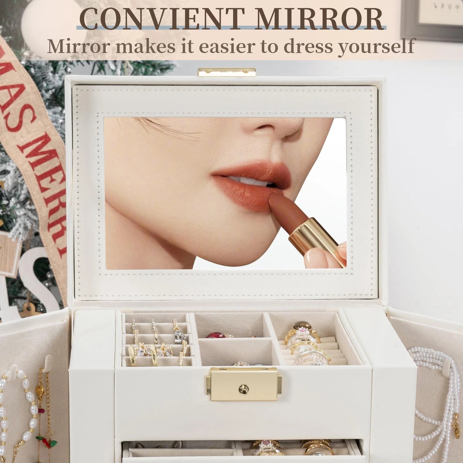 Large Jewelry Box for Women, Leather Jewelry Organizer with Mirror & Lock, 6-... | eBay