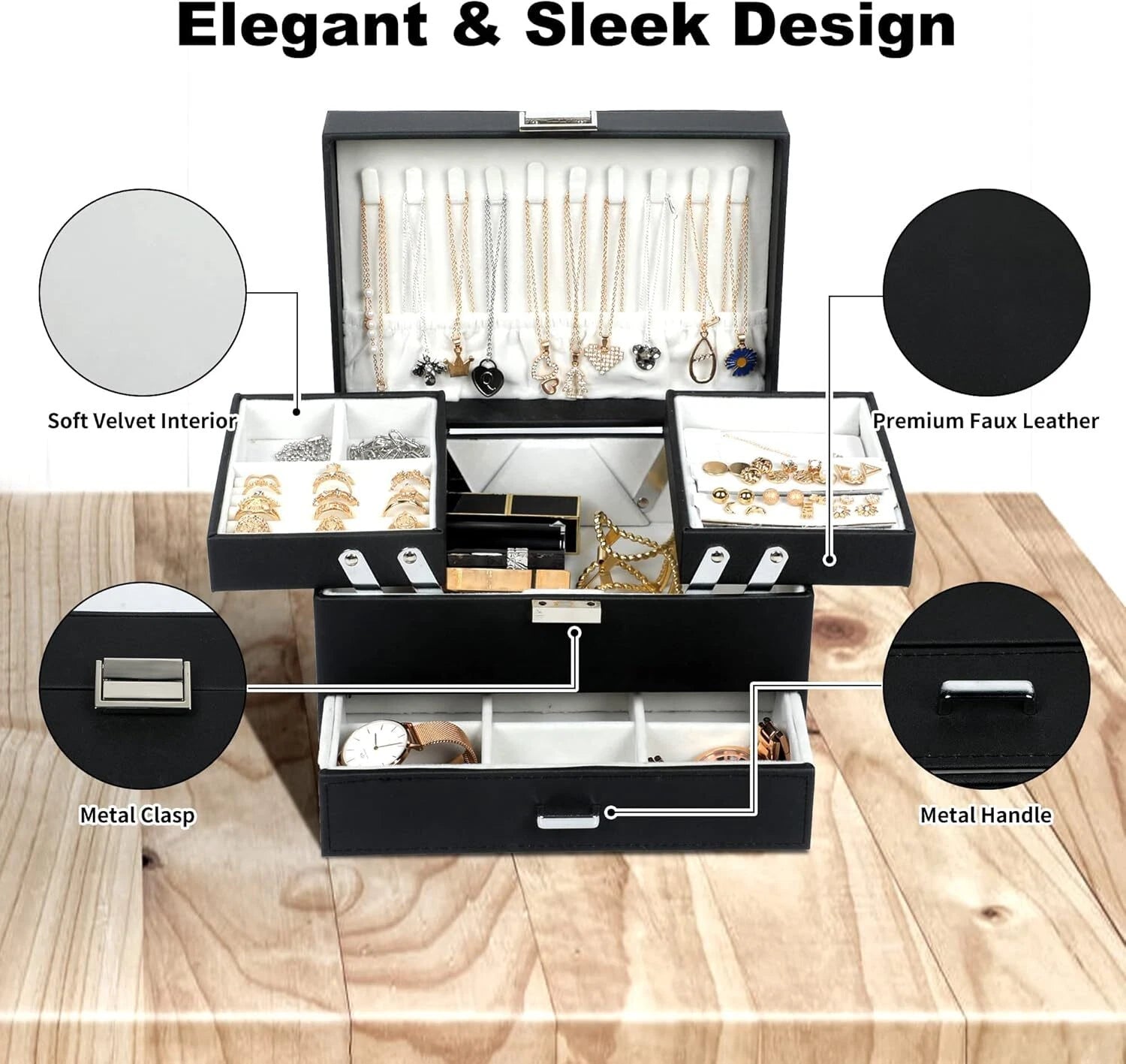 Joyero De Cuero Con Espejo Para Joyeria, Joyas Organizador Regalo Para Mujer | eBay