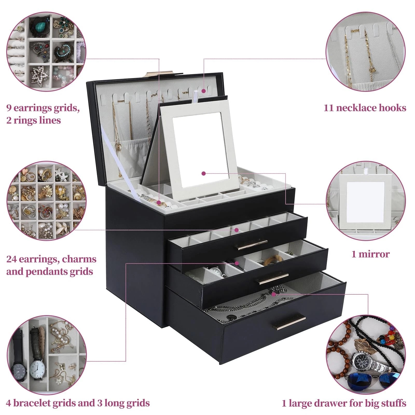 Large Jewelry Box for Women, 4 Layer Jewelry Holder Organizer with Necklace H... | eBay