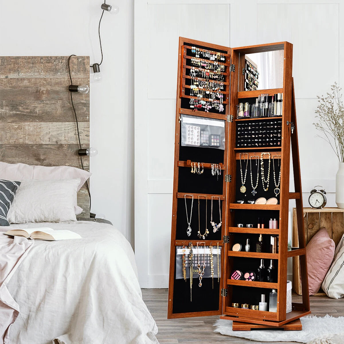 Costway 360° Rotatable Jewelry Cabinet Armoire Lockable Storage Organizer Brown | eBay