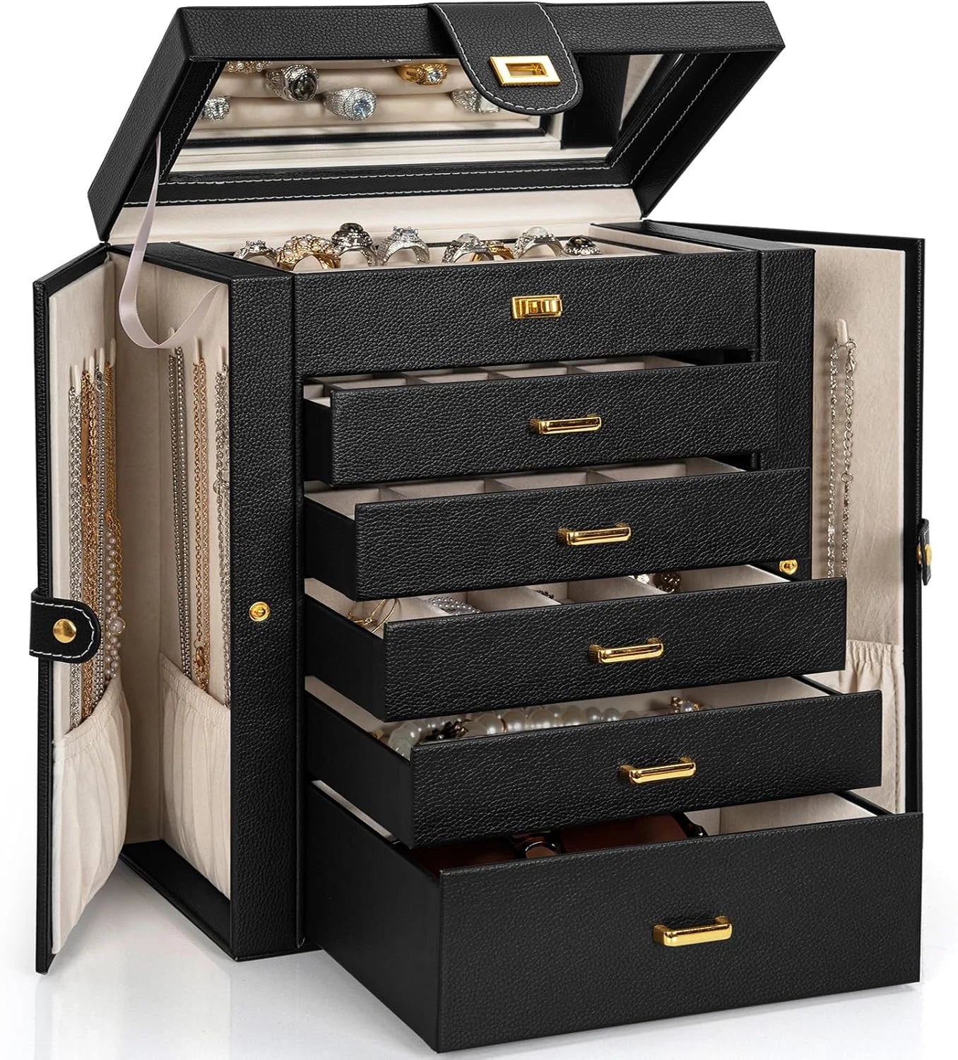 Large Jewelry Box Organizer Functional Lockable with Big Mirror, Leather Jewelry | eBay