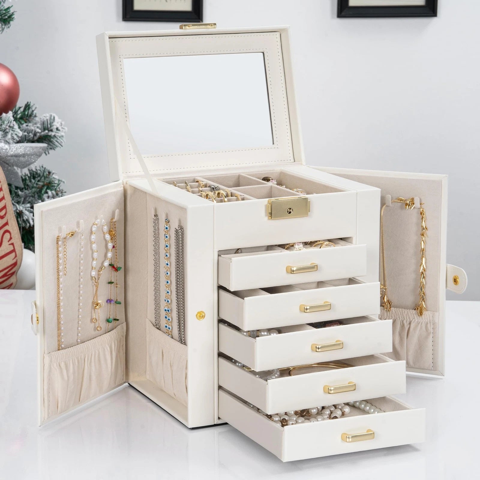 Large Jewelry Box for Women, Leather Jewelry Organizer with Mirror & Lock, 6-... | eBay