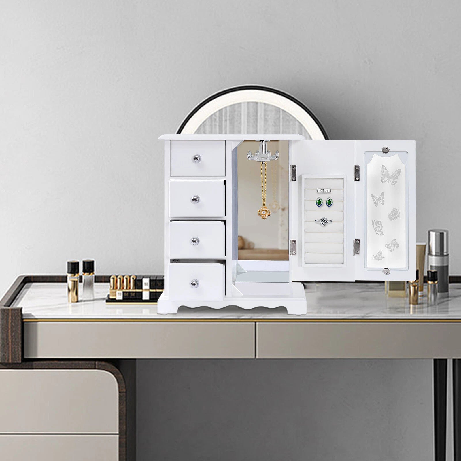 Jewelry Box for Women, White Jewelry Organizer Box with Mirror & 4 Drawers | eBay