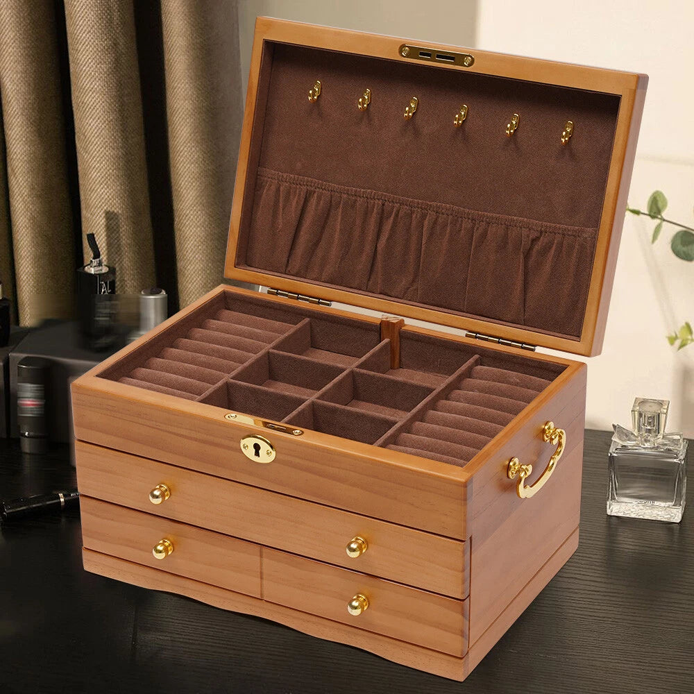 Large Capacity Wooden Jewelry Box 3 Layers + Safe Lock Retro Organizer Case | eBay