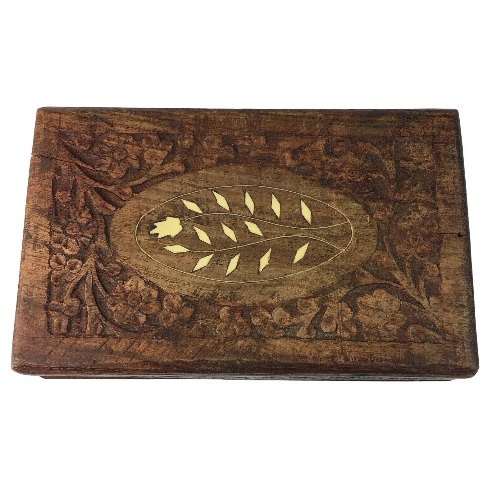 Wood Jewelry Chest Storage Box Inlay Carved Floral Pattern Solid Mid Century u | eBay