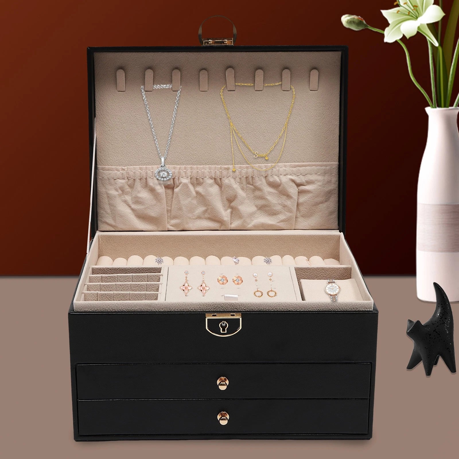PU Watch Storage Box with Drawer Jewelry Organizer Watch Holder Display Case | eBay