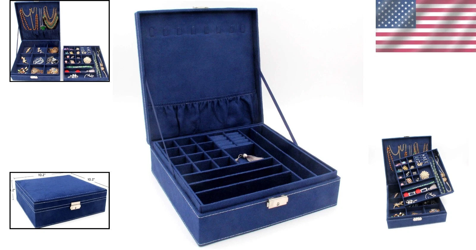 Elegant Two-Layer Jewelry Box Organizer in Deep Blue with Removable Compartments | eBay