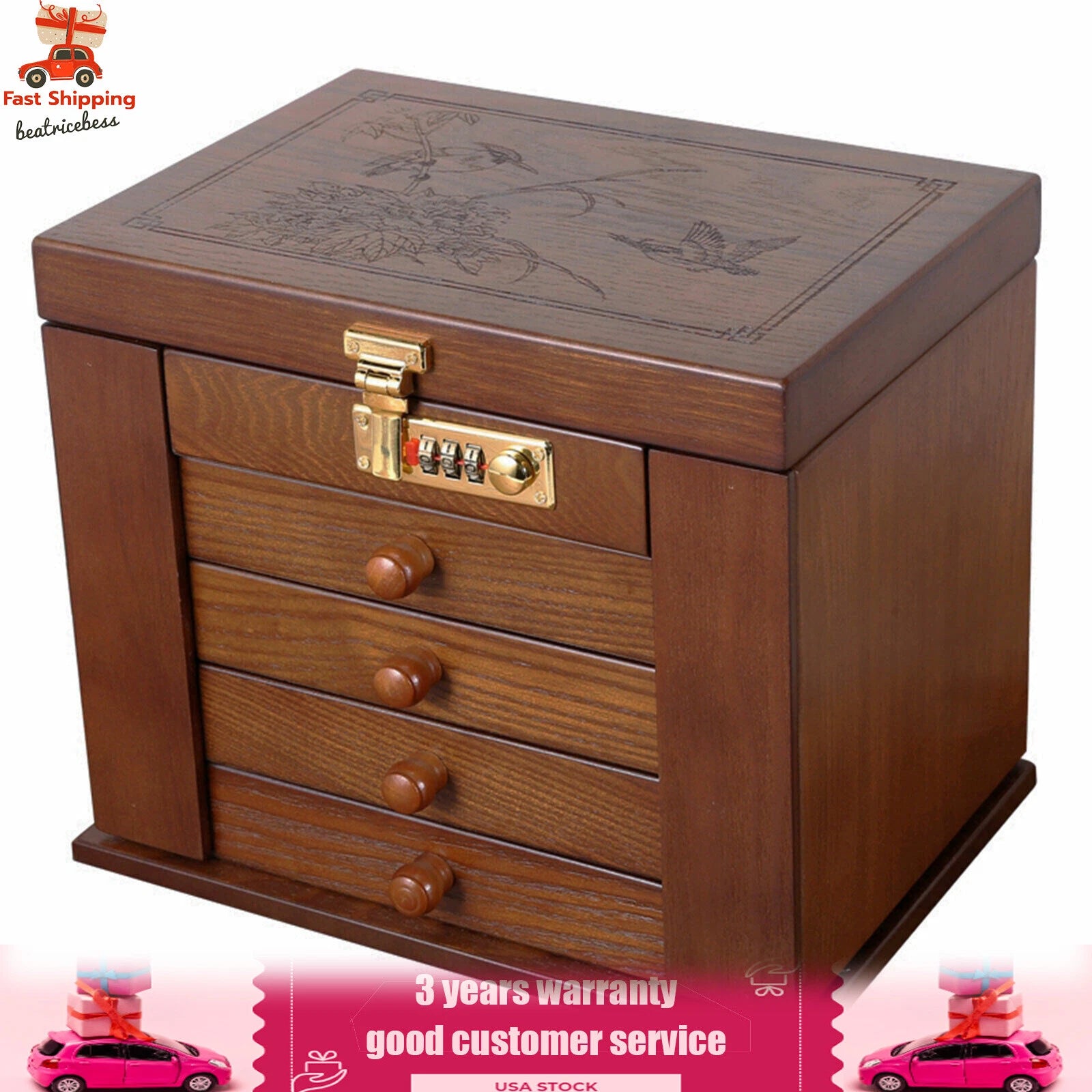 Large Wood Jewelry Storage Box 5 Layers 4 Drawers Jewelry Cabinet Armoir& Lock | eBay
