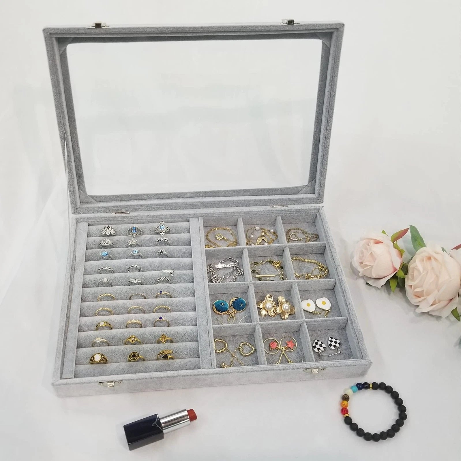 Ice Velvet Rings Organizer Box Mix 12 Grids Jewelry Tray Display Showcase wit... | eBay