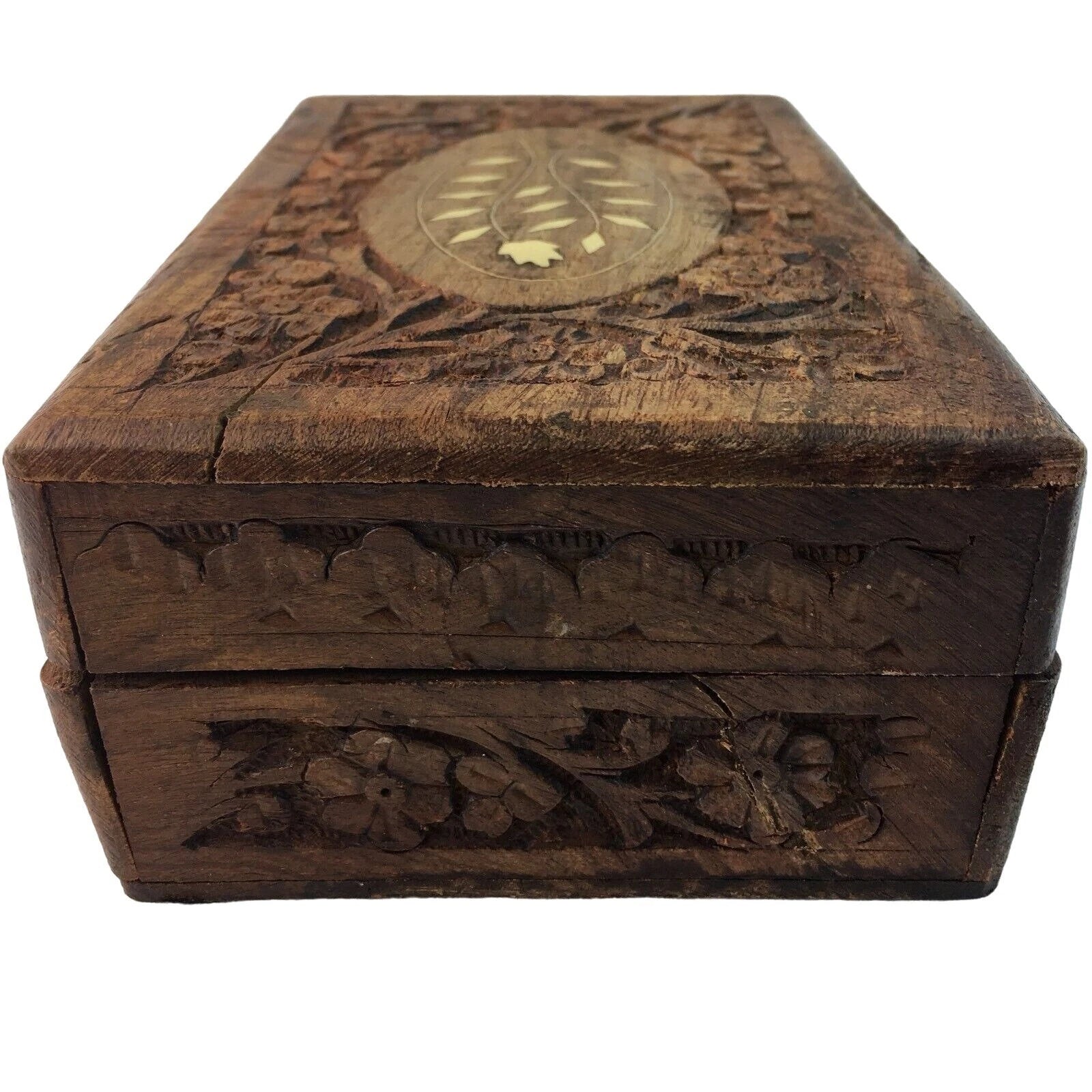 Wood Jewelry Chest Storage Box Inlay Carved Floral Pattern Solid Mid Century u | eBay