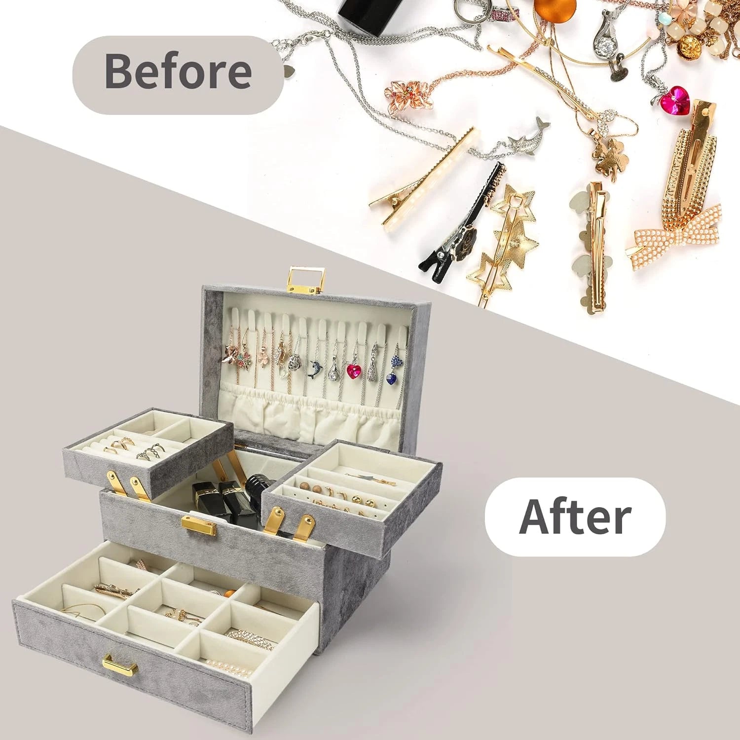 Velvet Jewelry Boxes, Women Jewelry Organizer Box, 3- Layer Large Jewelry Storag | eBay