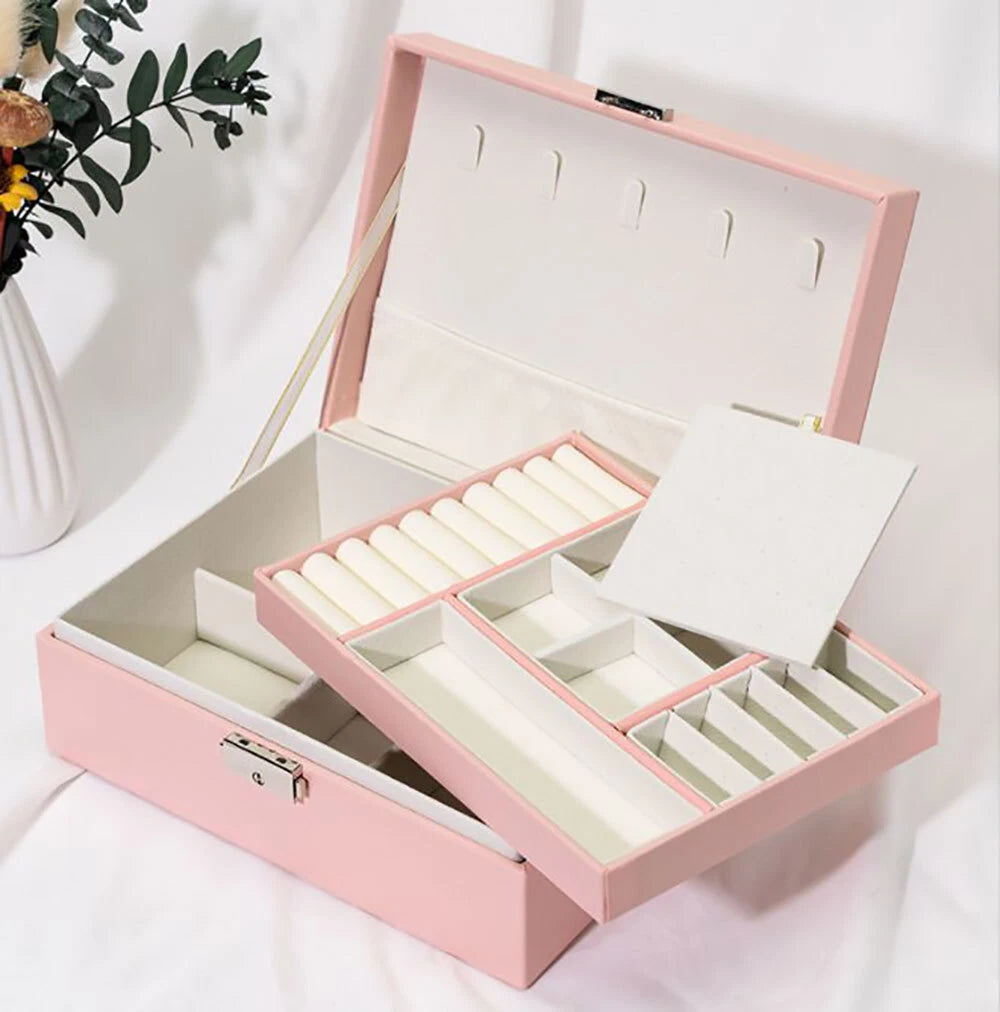 Home Jewelry Box Double Layer For Earrings Necklace Ring Storage Box w/ Lock | eBay