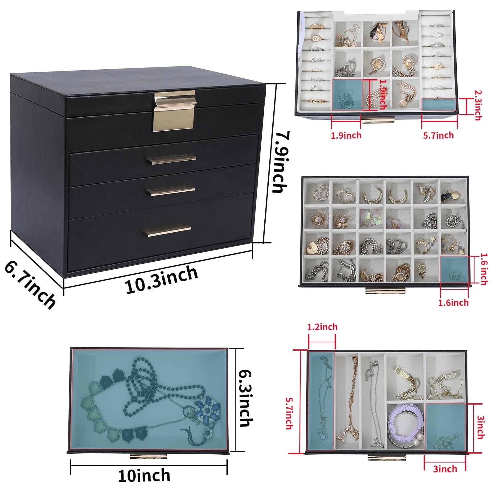 Large Jewelry Box for Women, 4 Layer Jewelry Holder Organizer with Necklace H... | eBay