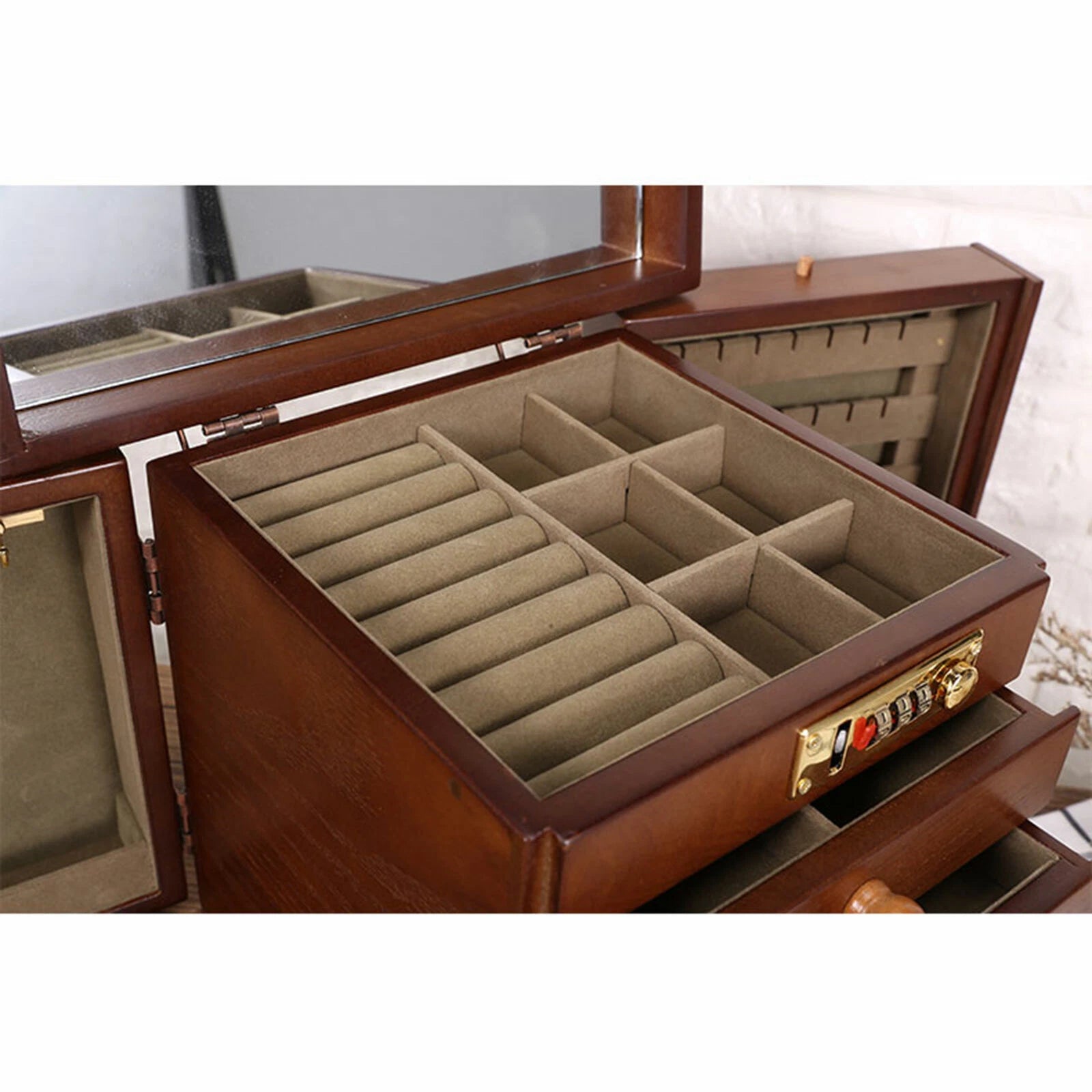 Large Wooden Jewelry Storage Box 5-Layer 4 Drawers Jewelry Cabinet Armoir & Lock | eBay