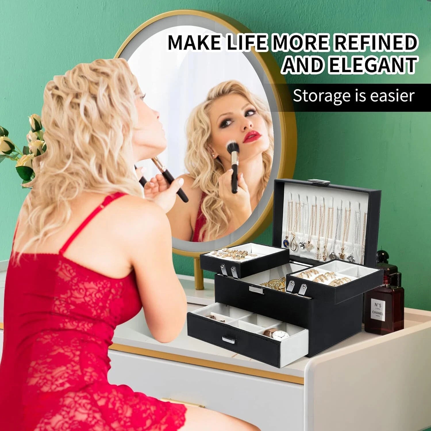 Joyero De Cuero Con Espejo Para Joyeria, Joyas Organizador Regalo Para Mujer | eBay