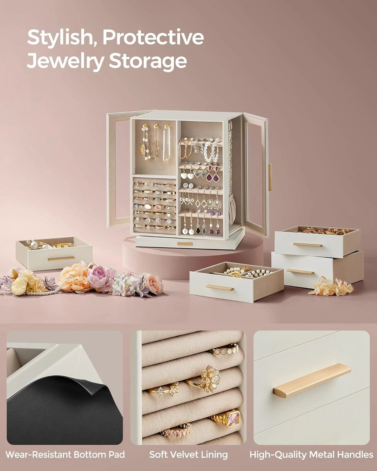 Jewelry Box 360° Rotating,Jewelry Storage Case with 5 Drawers, Jewelry Organizer | eBay