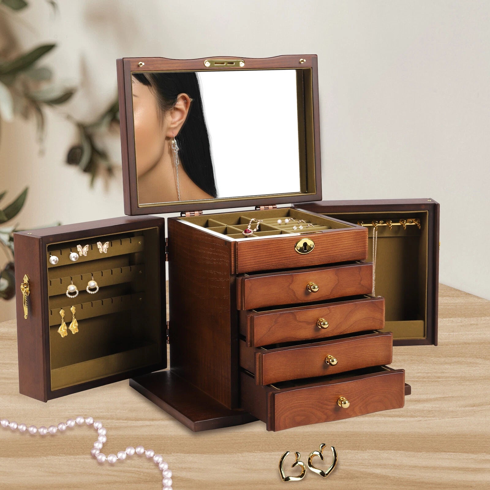 Elegant 5-Tier Wooden Jewelry Box with 4 Drawers and Mirror for Women | eBay
