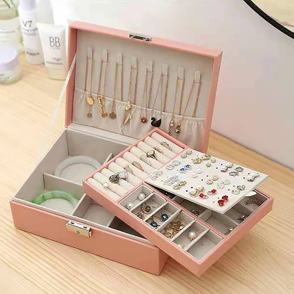 Double-layer Jewelry Storage Pink Cosmetics Box Watch Organizer Case PU Leather | eBay