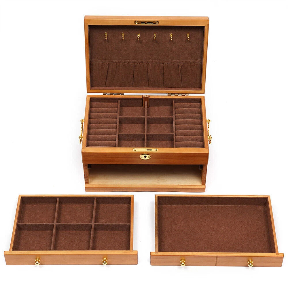 Elegant Wooden Jewelry Box with Velvet Lining and Key Lock, 3 Layers | eBay