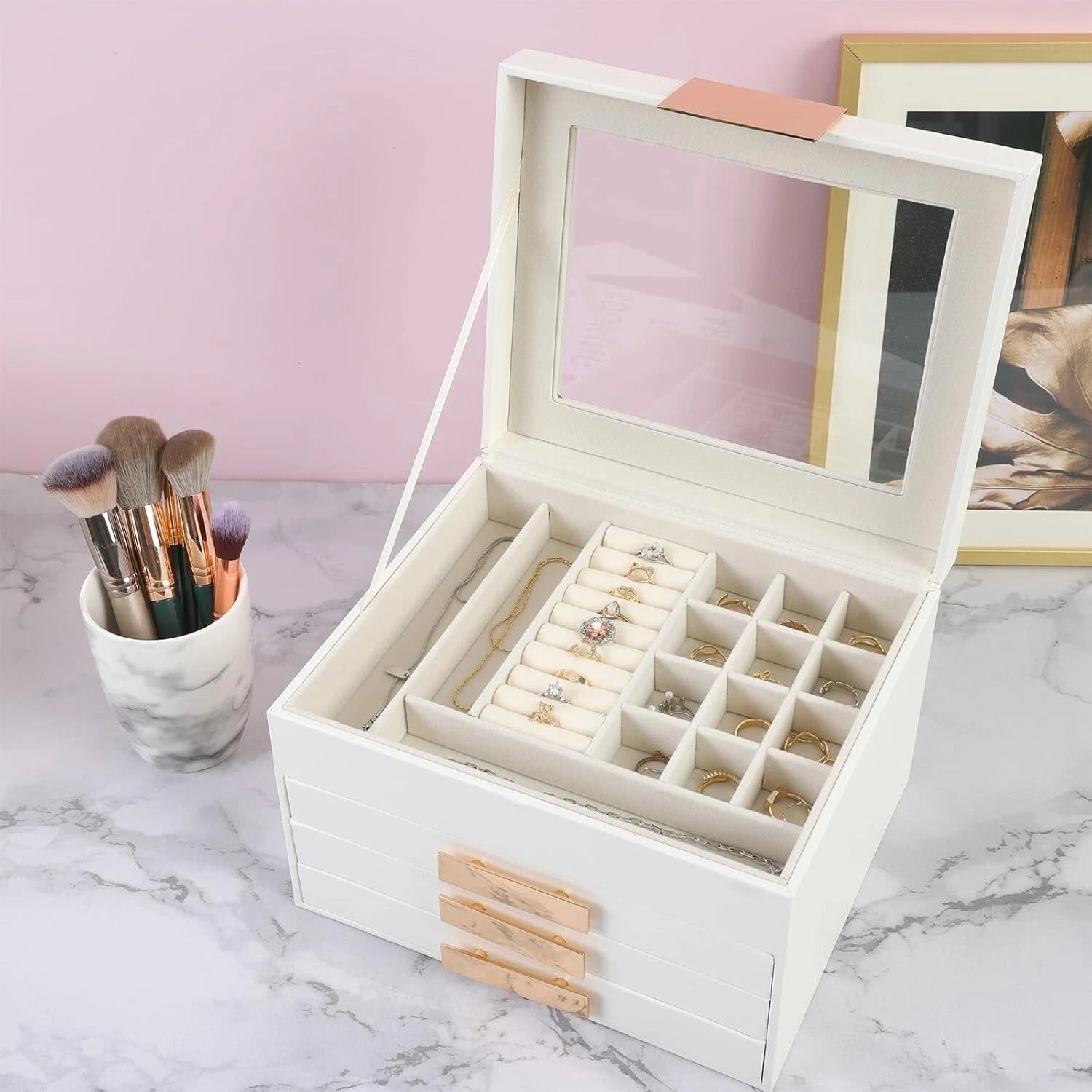 Jewelry Organizer Box, 4 Layers Modern Jewelry Organizer with Glass Lid & Drawer | eBay