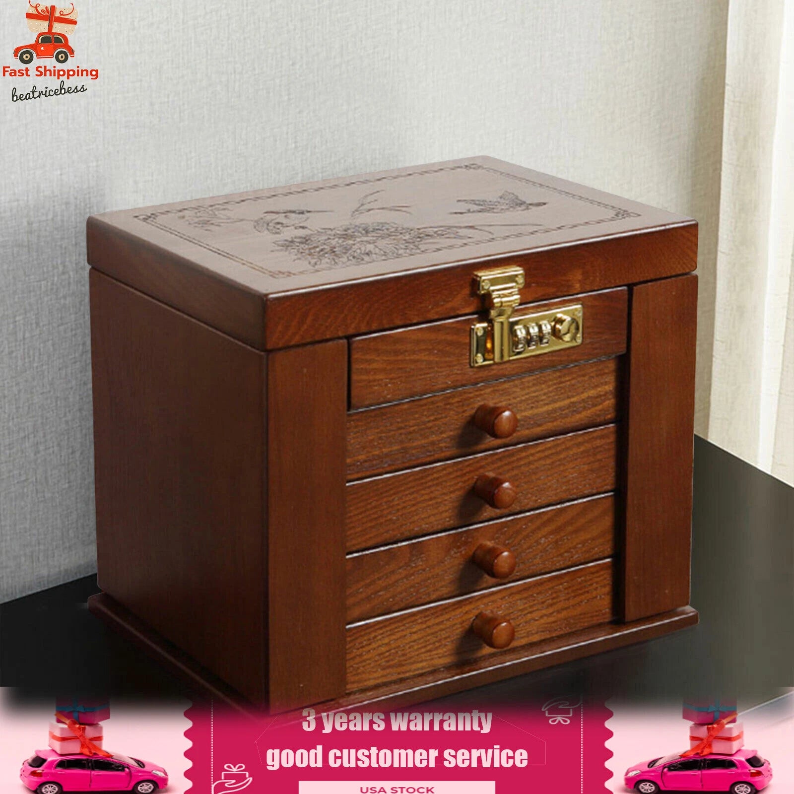Large Wood Jewelry Storage Box 5 Layers 4 Drawers Jewelry Cabinet Armoir& Lock | eBay