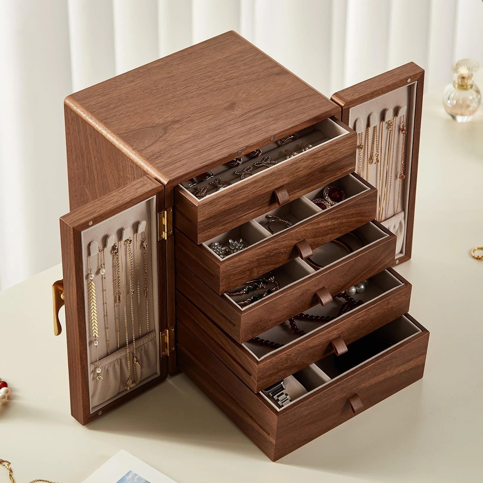 Homruilink Wooden Jewelry Box 5 Layer Black Walnut Large Jewelry Organizer wi... | eBay