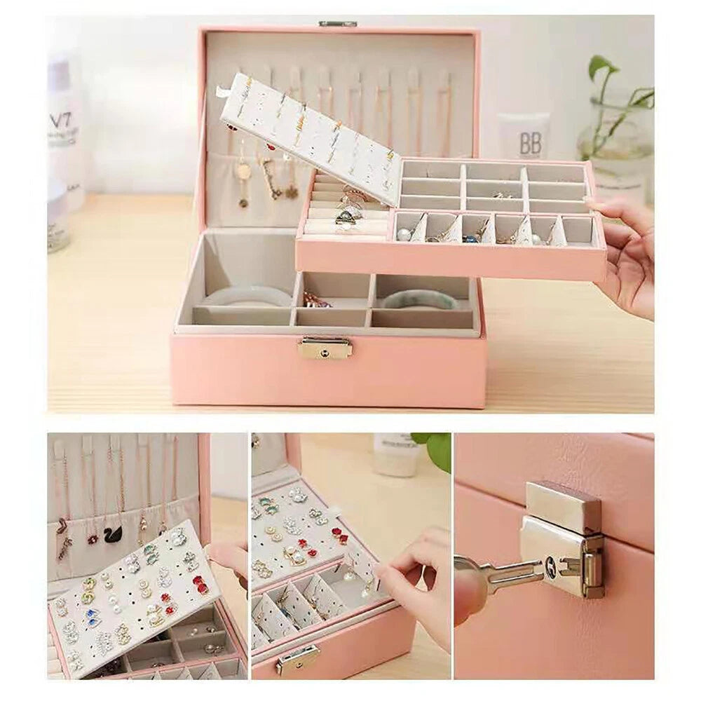Double-layer Jewelry Storage Pink Cosmetics Box Watch Organizer Case PU Leather | eBay