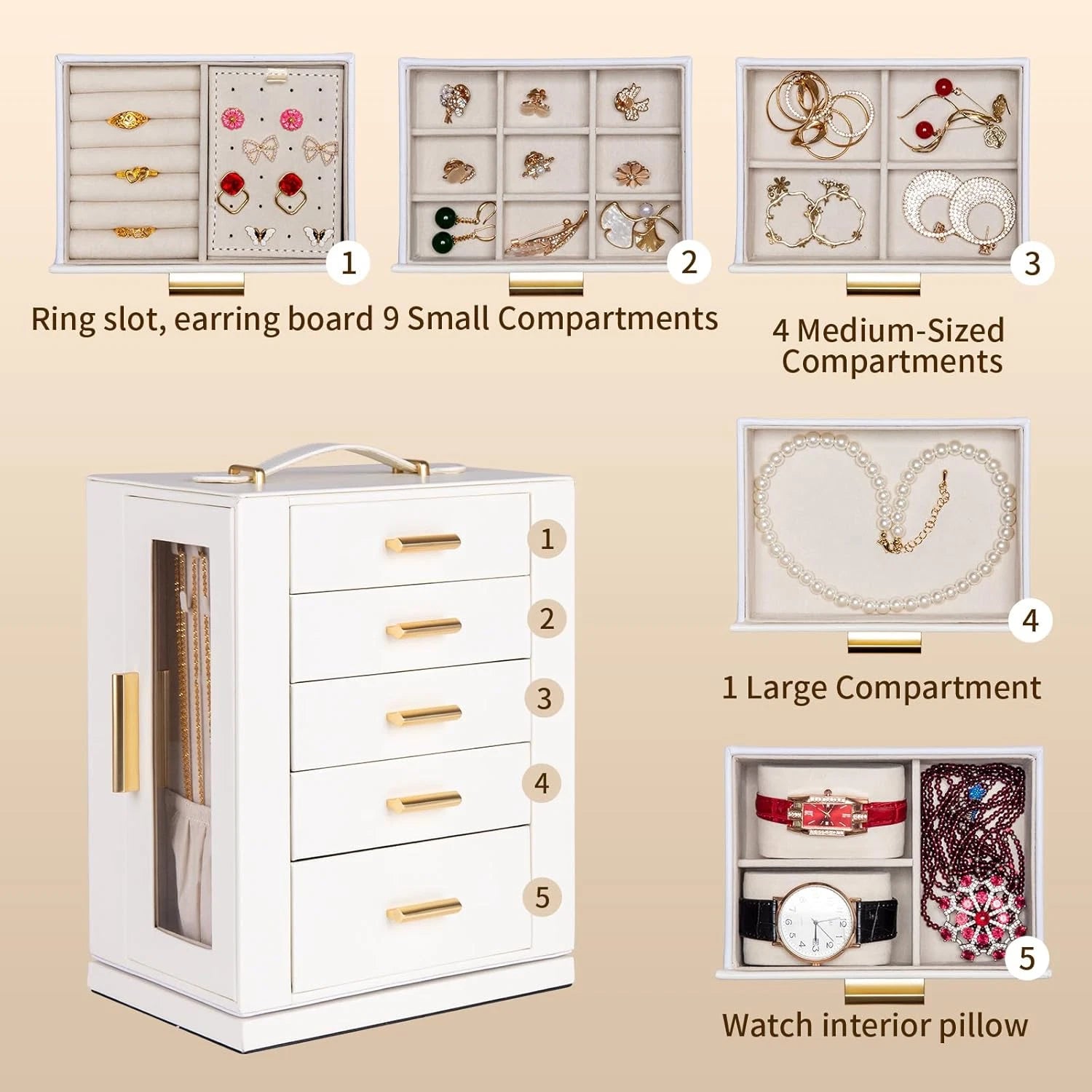 Jewelry Box 360° Rotating, Jewelry Storage Case with 5 Drawers, Jewelry Organize | eBay