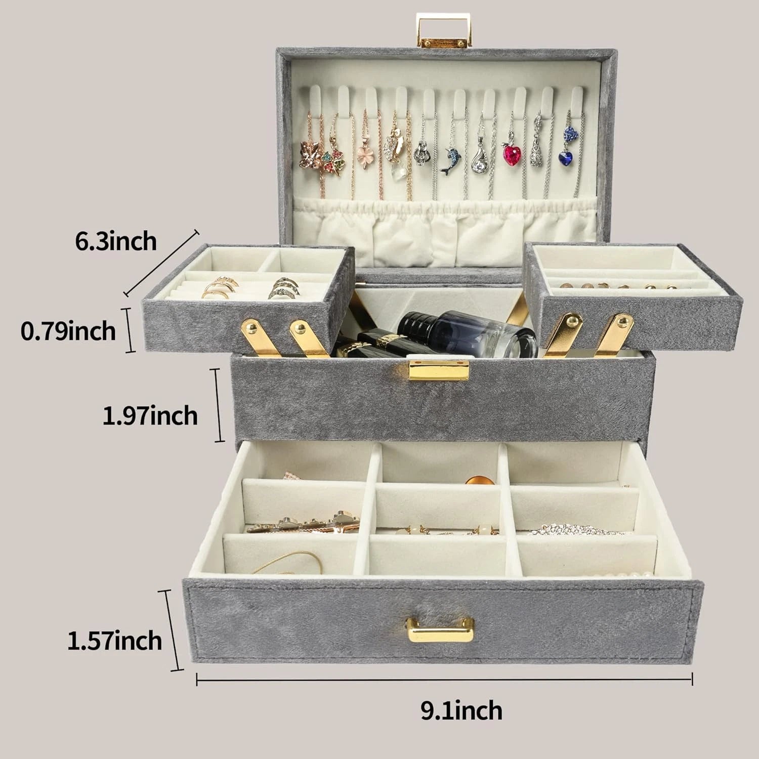 Velvet Jewelry Boxes, Women Jewelry Organizer Box, 3- Layer Large Jewelry Storag | eBay