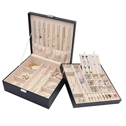 Jewelry Box for Women, 2 Layers Large Leather Jewelry Organizer Storage Black | eBay