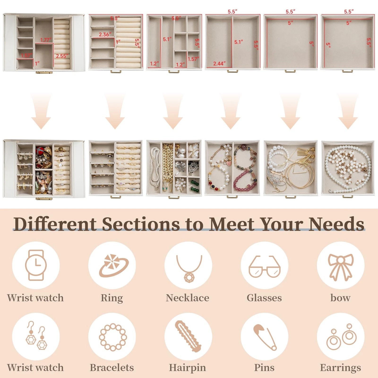 Large Jewelry Box for Women, Leather Jewelry Organizer with Mirror & Lock, 6-... | eBay