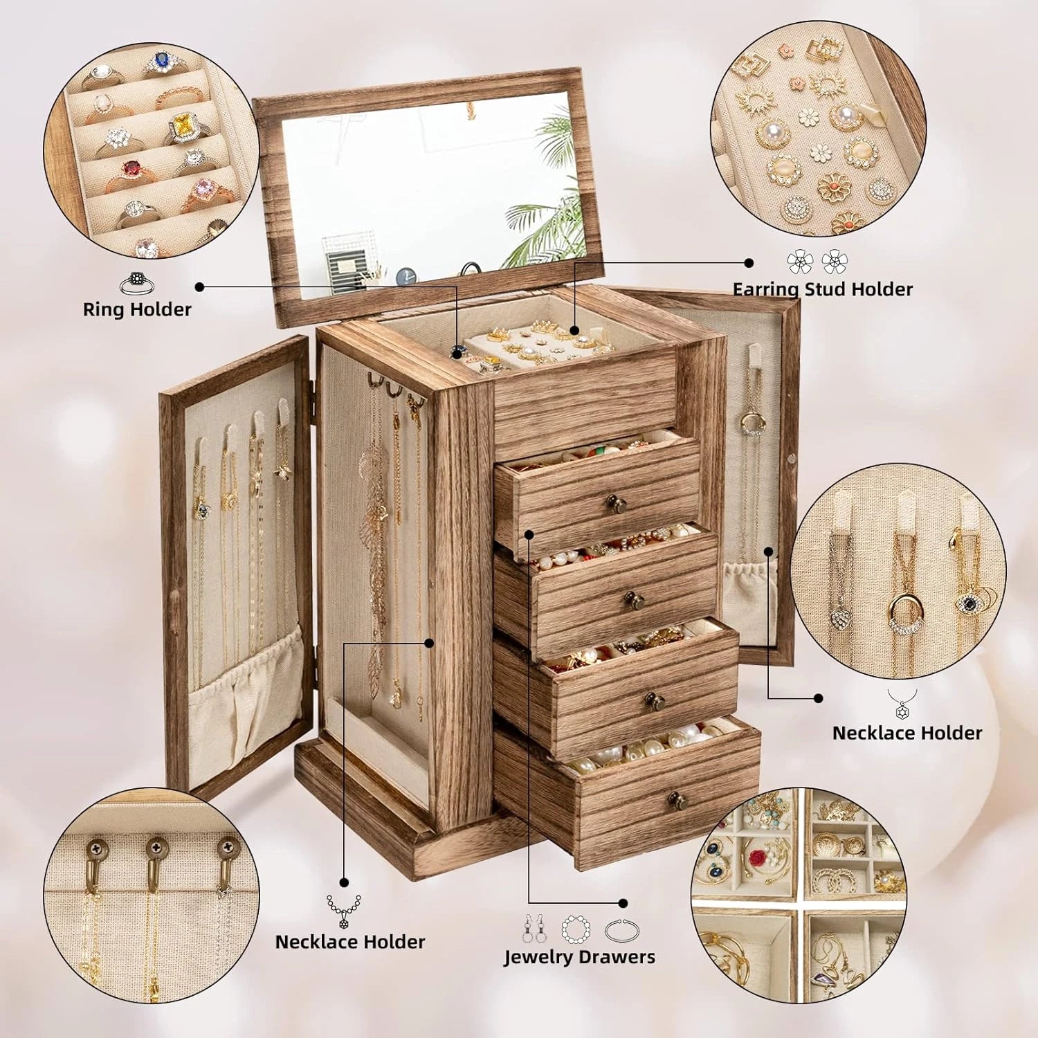 Jewelry Box for Women, 5 Layer Large Wood Boxes & Organizers for Necklaces Earri | eBay