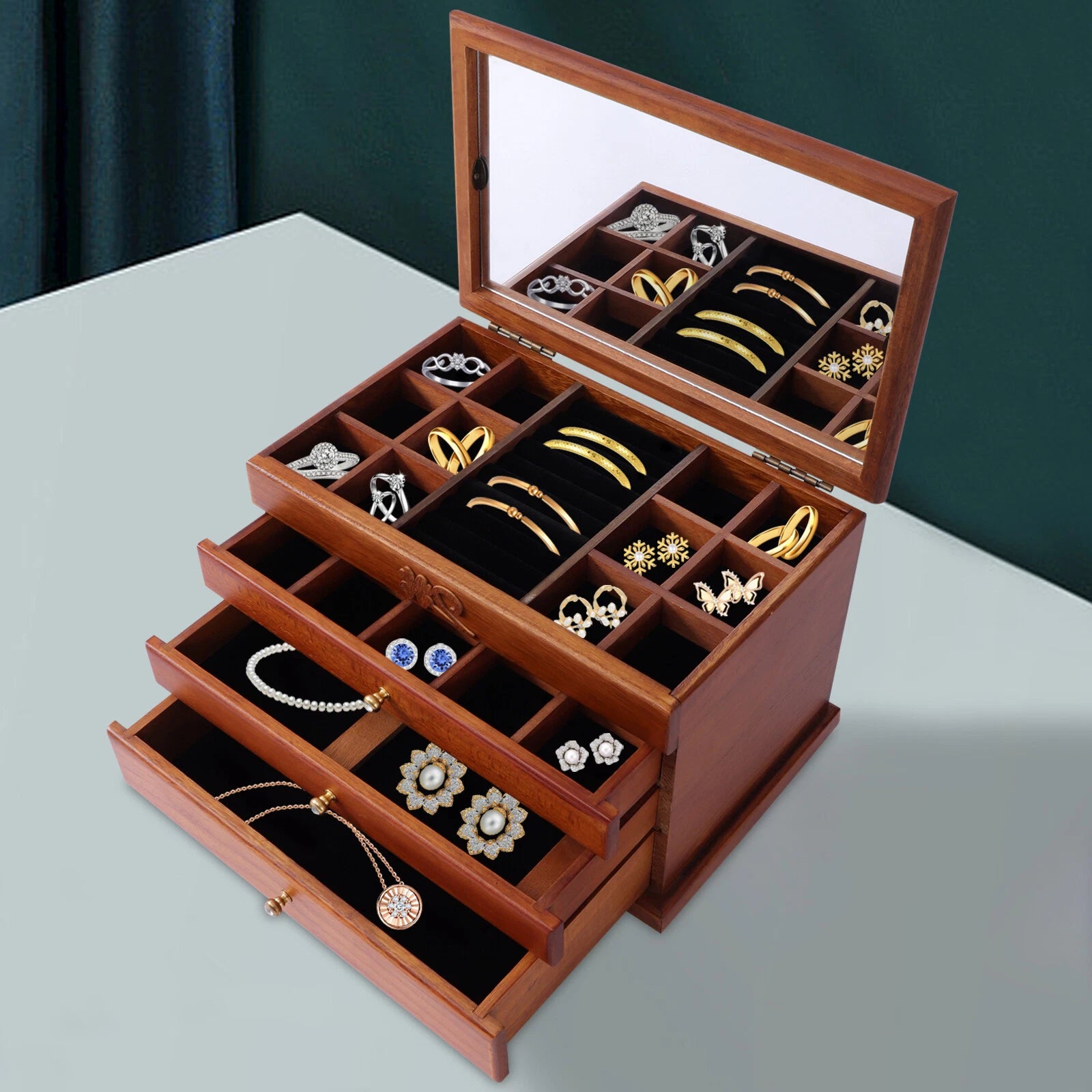 Wooden Jewelry Box Jewelry Storage Ring Earrings Organizer Case with Drawer | eBay