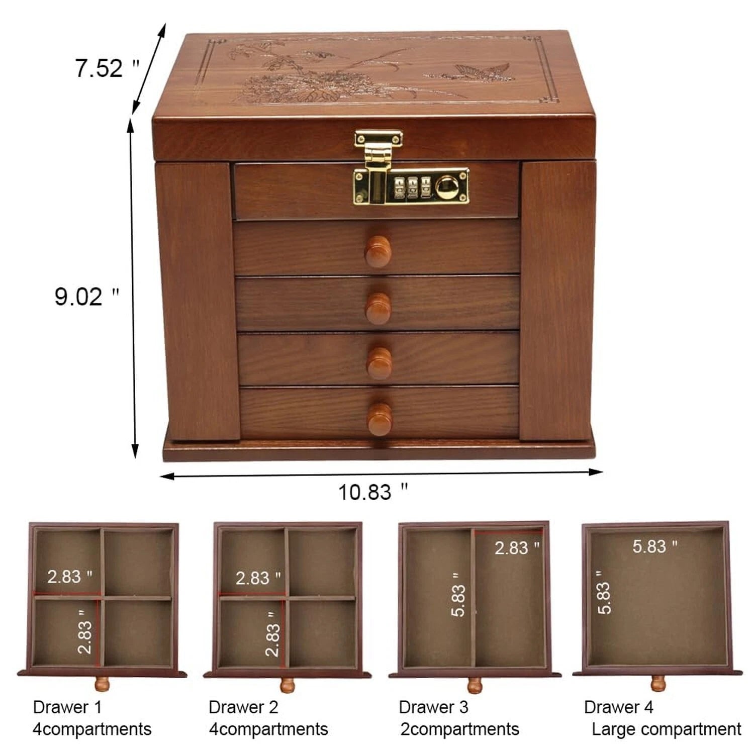 FEECOZ Wooden Jewelry Box for Women, Jewelry Storage Box with Combo Lock for ... | eBay