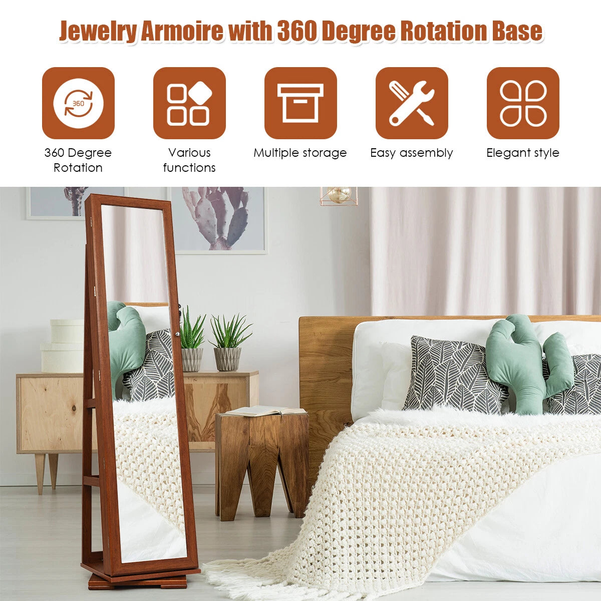 Costway 360° Rotatable Jewelry Cabinet Armoire Lockable Storage Organizer Brown | eBay