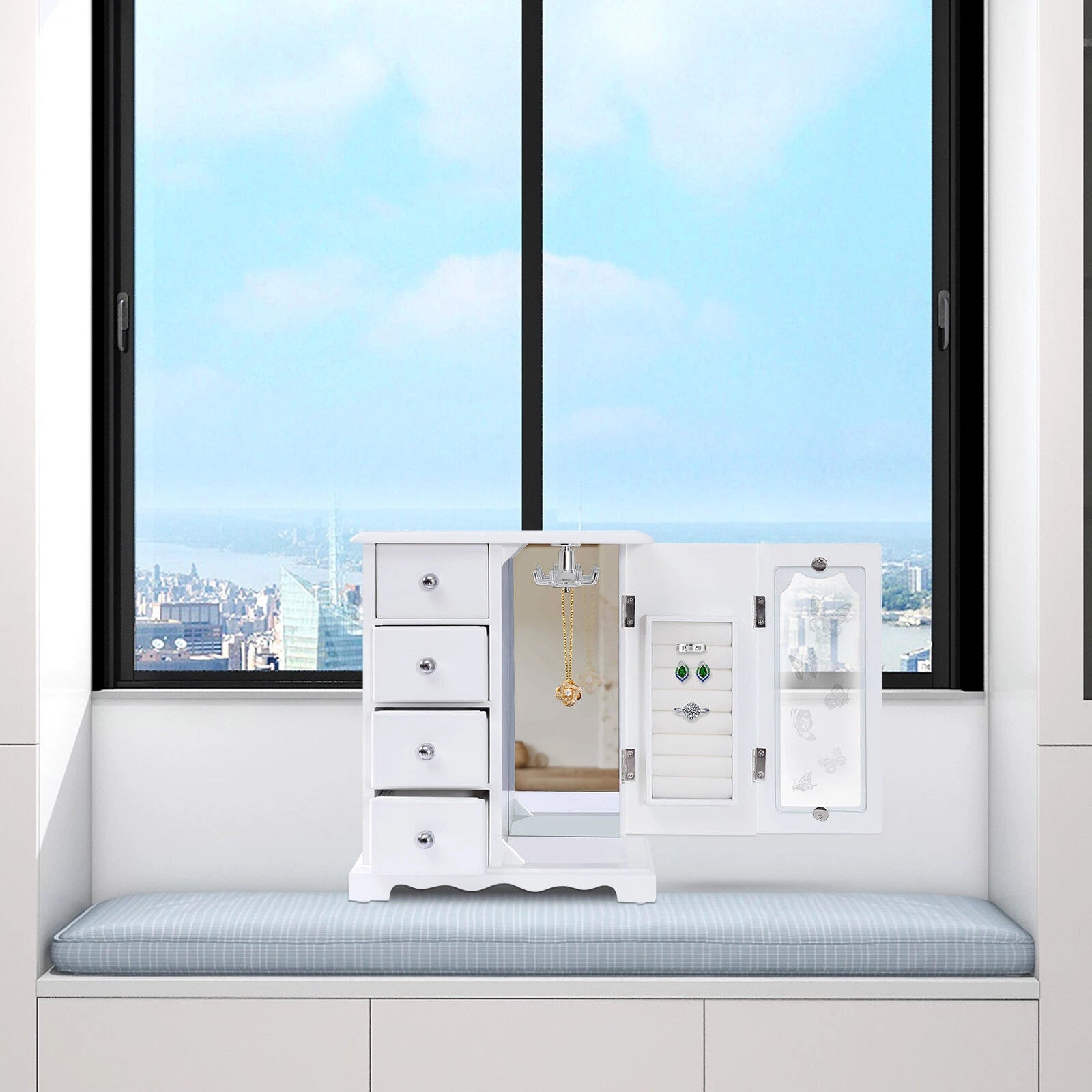 Jewelry Box for Women, White Jewelry Organizer Box with Mirror & 4 Drawers | eBay