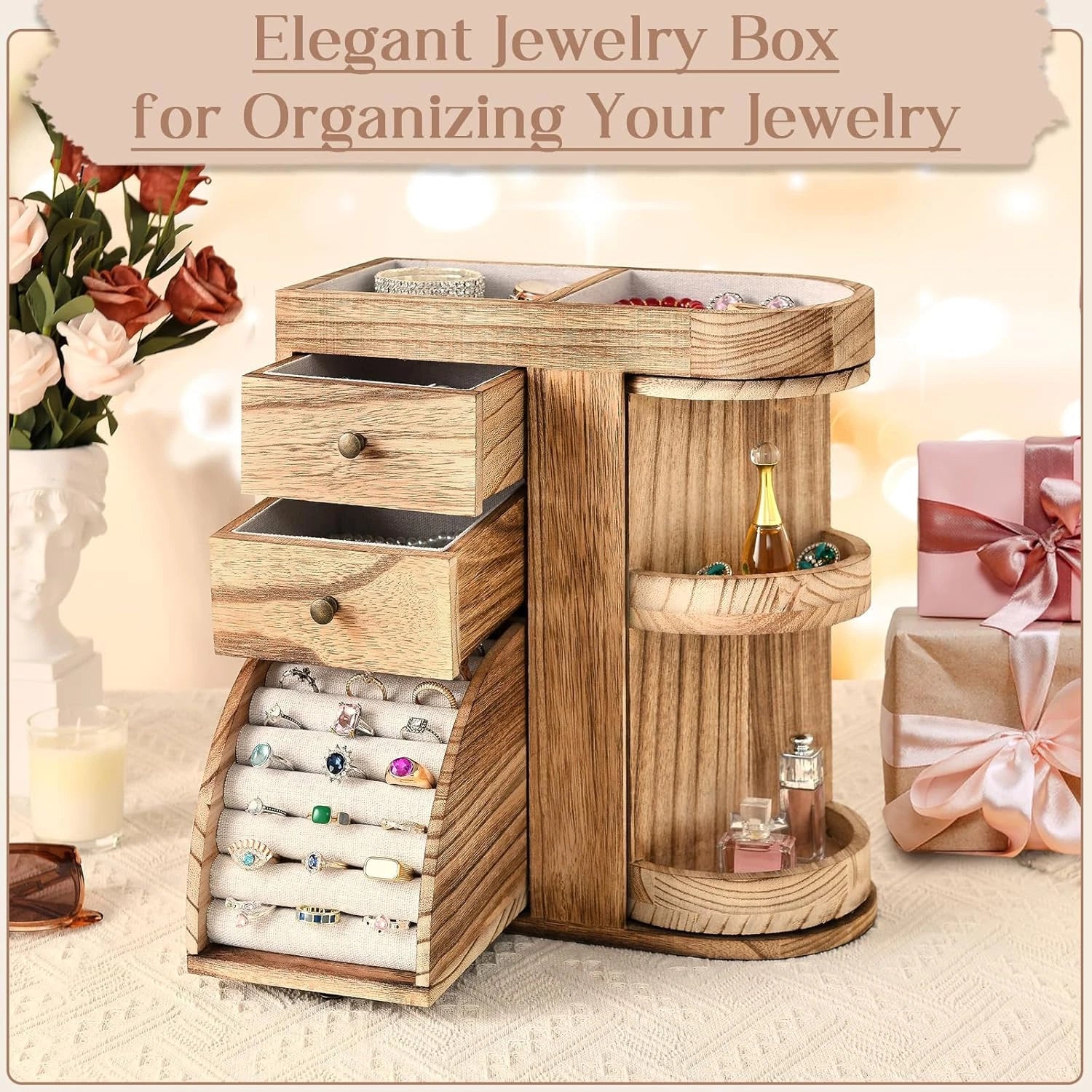 Wood Jewelry Box, Solid Wooden Rotating Jewelry Box Organizer for Women with 3 D | eBay