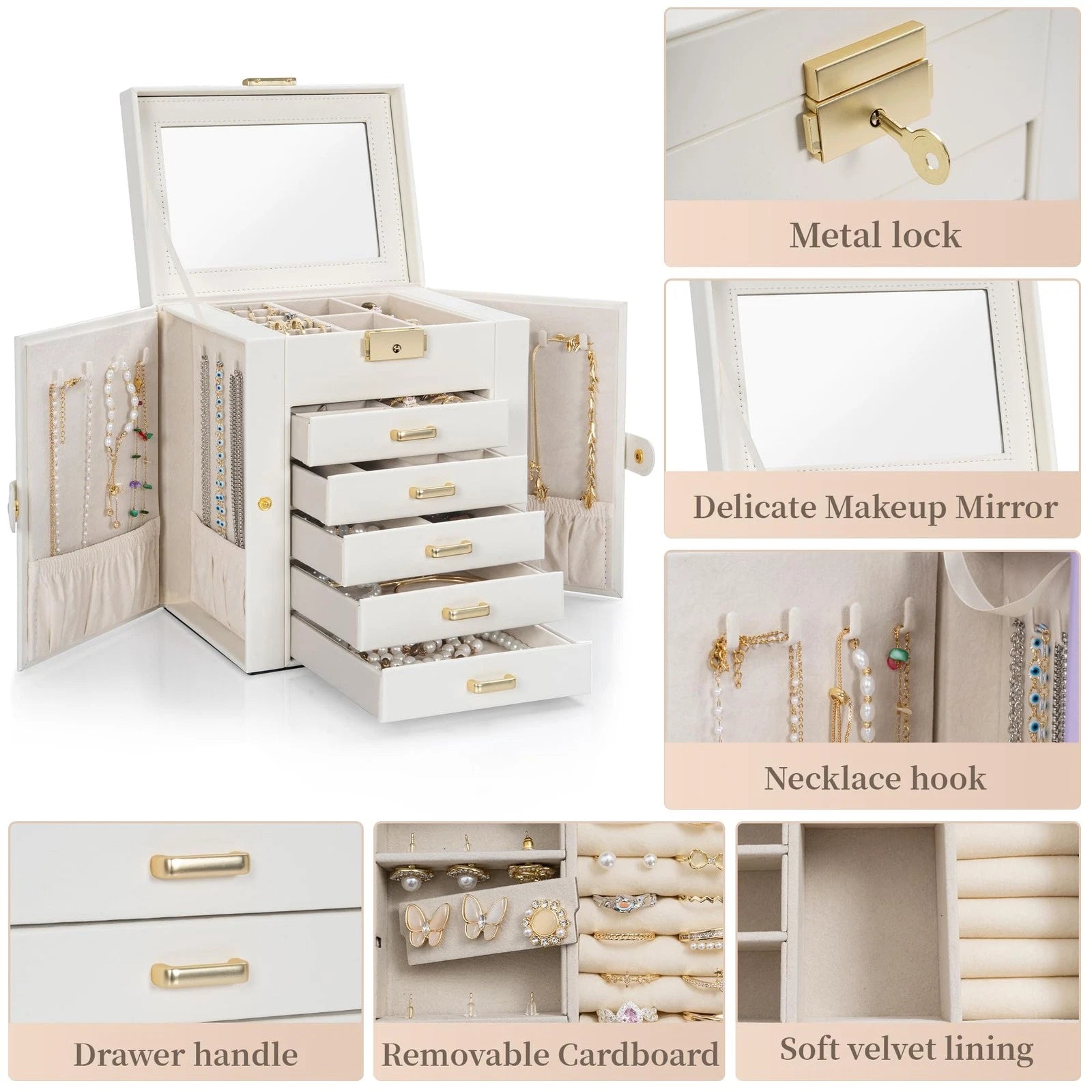 Large Jewelry Box for Women, Leather Jewelry Organizer with Mirror & Lock, 6-... | eBay
