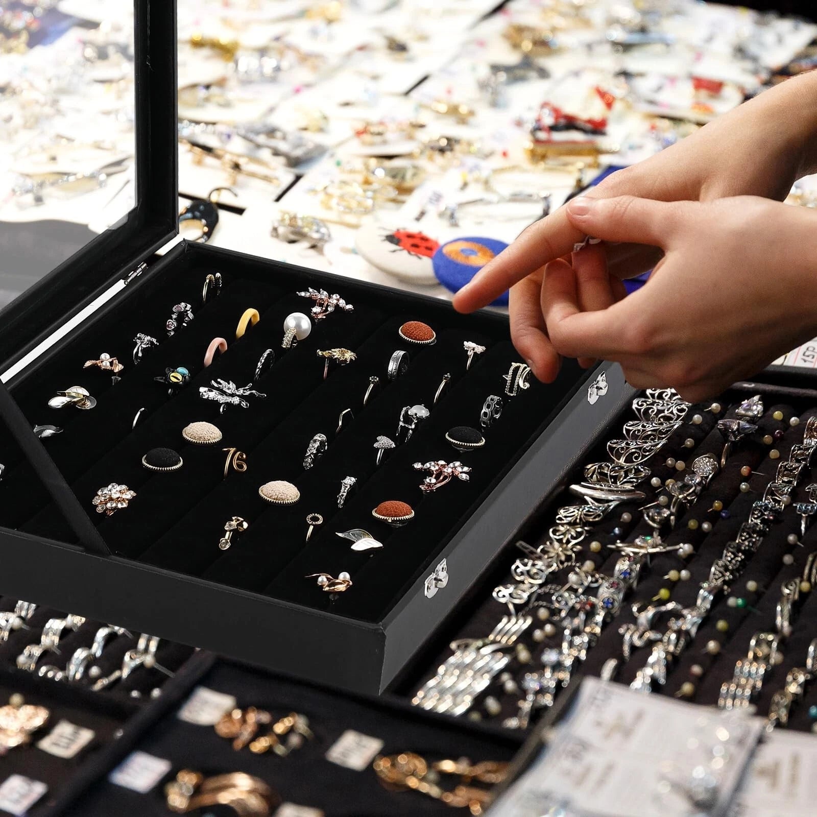 Sasylvia 3 Pcs Large 100 Slots Jewelry Box Velvet Multiple Ring Organizer Box... | eBay