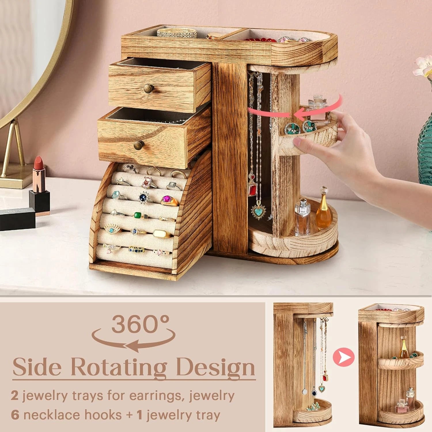 Wood Jewelry Box, Solid Wooden Rotating Jewelry Box Organizer for Women with 3 D | eBay